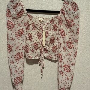 Blush White and Red Ruched Crop Blouse